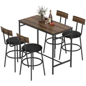 SONNENH Jedilni komplet, 5 kosi: 1 visoka miza in 4 barski stoli, miza 110 x 55 x 90 cm, rjav lesni dekor, črno ogrodje, štirje oblazinjeni barski stoli z naslonjalom