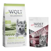 12 kg suhe hrane Wolf of Wilderness + Snack gratis! - Junior Green Fields jagnjetina - brez žit + Leafy Willows - teletina & piščanec