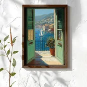WallXpert uramljena MDF slika NAL157-70, pogled kroz zelene škure na more i jedrilicu, 50 x 70 cm