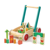 Drvena hodalica s kockama Baby Block Walker Tender Leaf Toys kolica s naslikanim motivima 29 kocaka od 18 mjeseci starosti