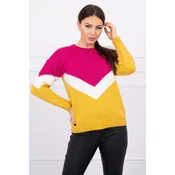 Sweater with geometric fuchsia + mustard patterns