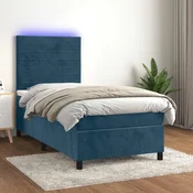 Box spring postelja z vzmetnico LED temno modra 90x190 cm žamet
