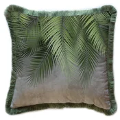 Casa Padrino luxury decorative pillow palm leaves gray/green 45 x 45 cm - Printed velvet cushion with fringes - Luxury decorative accessories