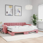 Greatstore Izvlečna dnevna postelja z vzmetnicami roza 80x200 cm žamet