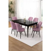Hanah Home trpezarijski set Pir, sto i 6 stolica, ploca u dekoru crnog mermera, roze tkanina Babyface