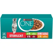 PURINA ONE STERILCAT Multipack piščanec, govedina, losos in puran v soku 60x85g
