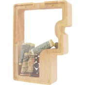 Nikcorp Hranilnik za otroke leseni rjavi v obliki črke F s prozornimi akrilnimi ploščami 23 x 4 x 18 cm naravna olja nalepke s črkami za personalizacijo varčevanje dekoracija finančna vzgoja darilo