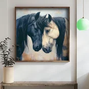 WallXpert uramljena MDF slika DOS039-70, crni i beli konj priljubljenih glava, 70 x 70 cm