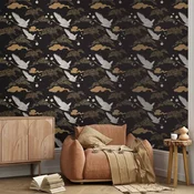 Tapeta - Oriental impressions - decorative pattern with a motif of flying cranes on a dark background 49x1000 Samoljepljiva