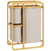 HOMCOM Varčni koš za perilo, eleganten koš za perilo z 3 vrečami in policami iz blaga, bambus, 50x32x69.7 cm, barva bambus in krem