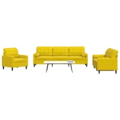 3-dijelni set sofa s jastucima žuti baršunasti