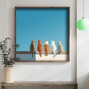 WallXpert uramljena MDF slika DOS072-50, pet macaka na zidu okrenutih ledima pod plavim nebom, 50 x 50 cm