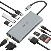 slomart USB C HUB 11 v 1: 4K HDMI, VGA, Ethernet, 4x USB, SD/TF, 100W PD, Audio. Za MacBook/Air, Surface, Dell, HP in več.