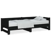 Vidaxl Izvlečna dnevna postelja črna trdna borovina 2x(90x200) cm