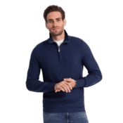 OMBRE Moški pleten pulover s podaljšanim ovratnikom V7 OM-SWZS-0105 temno modra MDN124394 M