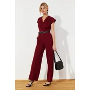 Trendyol Burgundy Belted Double Breasted Collar Wide Leg Woven Jumpsuit