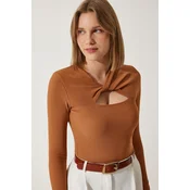 Happiness Istanbul Womens Tan Cut Out Detailed Ribbed Knitted Blouse
