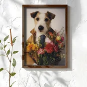 WallXpert uramljena MDF slika NAL089-70, foksterijer u sakou i kravati drži buket cveca, 50 x 70 cm