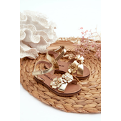 Childrens sandals decorated with flowers, Velcro fastening, gold fagossa