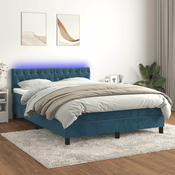 Greatstore Box spring postelja z vzmetnico LED temno modra 140x200cm žamet