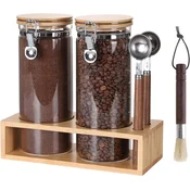 Stekleni kozarci s polico 2x 1500 ml, borosilikatno steklo, bambusov pokrov, merilna skala, tesno zapiranje, shranjevanje živil, kava, čaj, svežina, red v kuhinji, prostorsko varčni, set 2 kom