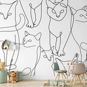 shumee Stenska poslikava - Mačji lineart - minimalistične skice črnih mačk na belem ozadju