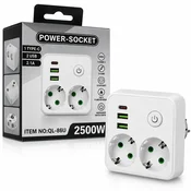 POWER-SOCKET QL-86U - zidni adapter 2500W sa 2 uticnice, USB i Type-C prikljuckom
