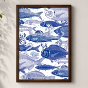 WallXpert uramljena MDF slika 3752KACT-070, plave ribe i morsko bilje na beloj pozadini, 37 x 52 cm