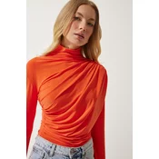 Happiness Istanbul Womens Orange Gathered Detailed High Neck Sandy Blouse