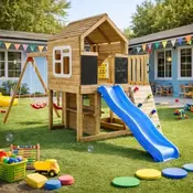 Ginger Home velika djecja drvena kucica za dvorište s toboganom, 2 ljuljacke, penjalicom i pješcanikom – 250×150×267 cm