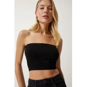 Happiness Istanbul Womens Black Strapless Ribbed Knitted Bustier
