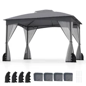 Costway Vrtni paviljon 10x12 ft siv z mrežnimi stenami in 4 vrečami s peskom