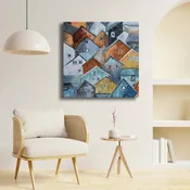 WallXpert slika na platnu 6969softc-009, šarene kuce sa krovovima u plavoj i narandžastoj boji, 69 x 69 cm