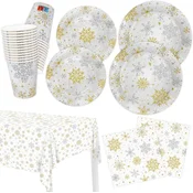 Nikcorp Komplet božične namizne posode HNH Christmas Tableware 100 kosov za 25 oseb: papirnati krožniki 18 cm in 23 cm, skodelice ~25 ml, serviete 33 x 33 cm škotski zlato-beli karirast vzorec snežinke