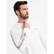 Ombre Mens cotton U-neck longsleeve with piping and chest print - broken white
