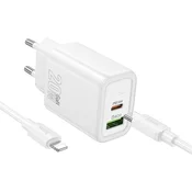 Hoco Mrežni polnilnik za telefon Hoco USB-A + USB-C QC3.0 PD 3A 20 W + kabel USB-C na Lightning N61, bel