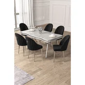 Hanah Home trpezarijski set Pem, sto i 6 stolica, ploca u dekoru belog mermera, hromirane noge, crna tkanina Babyface