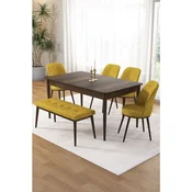 Hanah Home trpezarijski set Pir, sto, 4 stolice i klupa, ploca u dekoru drveta Baroque, senf žuta tkanina Babyface