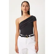 Happiness Istanbul Womens Black One-Shoulder Gathered Knitted Blouse