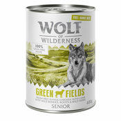 Varčno pakiranje Wolf of Wilderness Senior Free-Range Meat 24x400 g - Green Fields - jagnjetina & piščanec iz proste reje