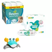 Pampers Pelene Active Baby 5, Monthly, 11-16kg, 150/1+ Pampers Vlažne maramice Sensitive, 15x80 komada+ Topi Toys Interaktivna igracka Hodajuca kraba, Svetloplava