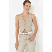 Trendyol Mink Button Detailed V-neck Crop Regular/Normal Cut Stretch Knitted Vest