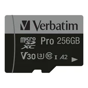 shumee Verbatim Pro U3 256GB Micro SDXC pomnilniška kartica (100/90MB/s) razred 10 U3 V30 + adapter