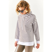 Olalook Womens Bitter Brown White Hooded Striped Sweatshirt with Side Slits