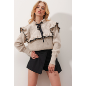 Trend Alaçati Stili Womens Beige Collar Tie Detail with Frilled Thessaloniki Knitted Crop Sweater