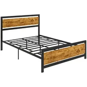 HOMCOM Lesena in jeklena struktura postelje ena in pol 147x208x103cm, integrirane letvice in vzglavje v industrijskem slogu, črna in rjava rustikalna