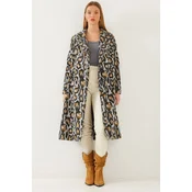 Bianco Lucci Womens Leopard Patterned Shawl Collar Detail Cashmere Coat 2476
