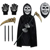 Nikcorp Otroški pustni kostum Okostnjak Kosec, komplet 4v1, črna halja s kapuco, rokavice, maska, dodatki, velikost 110 cm, poliester, Halloween, pustovanje