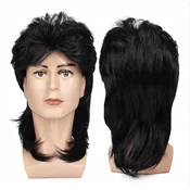 Korbi Moška lasulja Mullet, črni dolgi lasje, 70. 80. 90. leta, Retro, W72