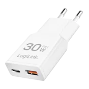 Logilink punjac 2 porta, 1 x USB type c, 1 x USB A, 30W, GaN, slim, bela